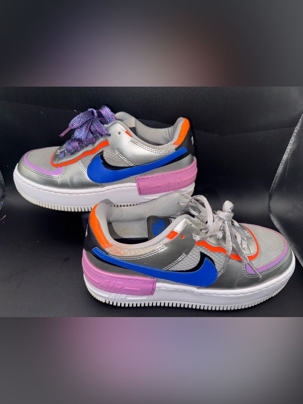 Nike Air Force 1 Shadow Metallic Silver Hyper Blue Pink Sneakers Women’s 7.5